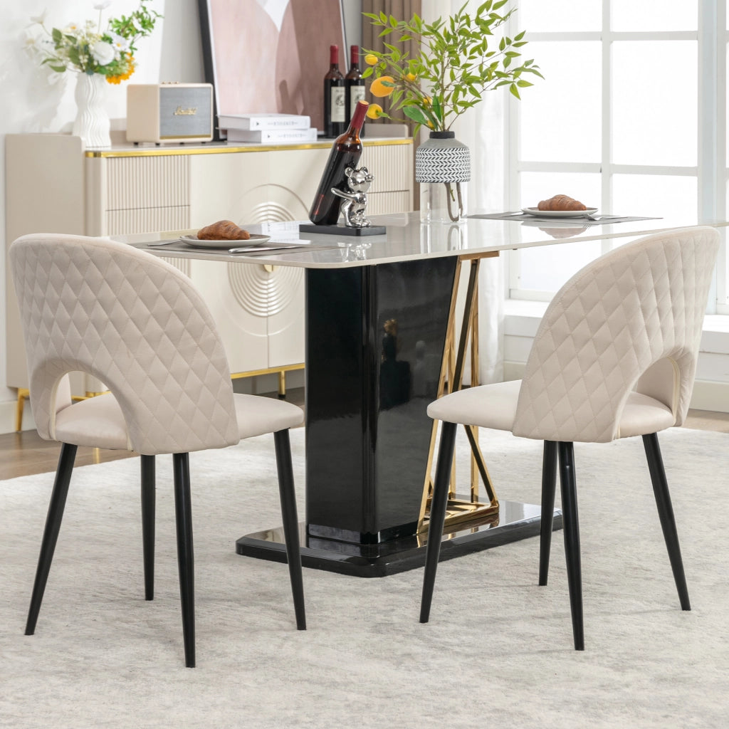 Sedia da sala da pranzo set da 2 con schienale in velluto imbottita e gambe regolabili in metallo motivo a rombi beige
