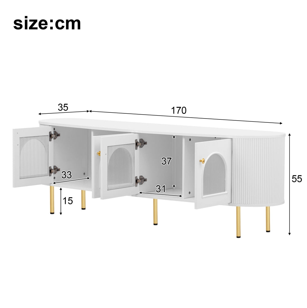 Mobile TV 170x35x55 cm; ante in vetro e passacavi; MDF bianco oro