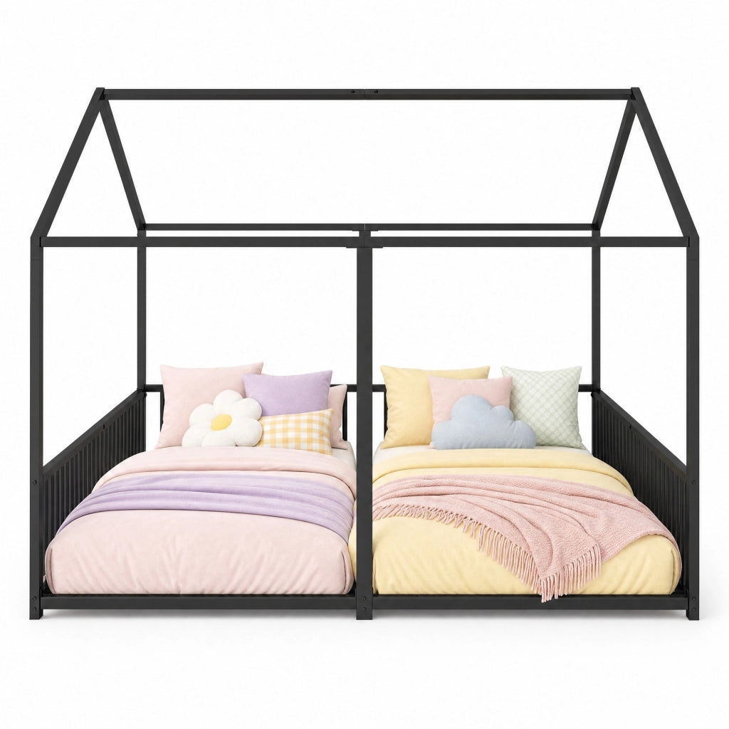Letto per bambini in metallo 90x200 cm con sponde, struttura a casetta, senza materasso, nero