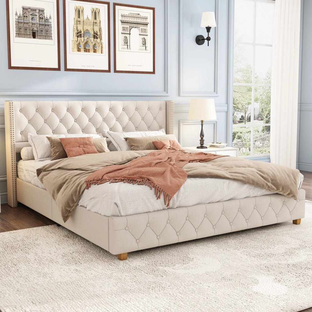Letto Imbottito 140×190 cm; Letto Matrimoniale con Testiera con Rivetti; senza Materasso; in Lino; Beige