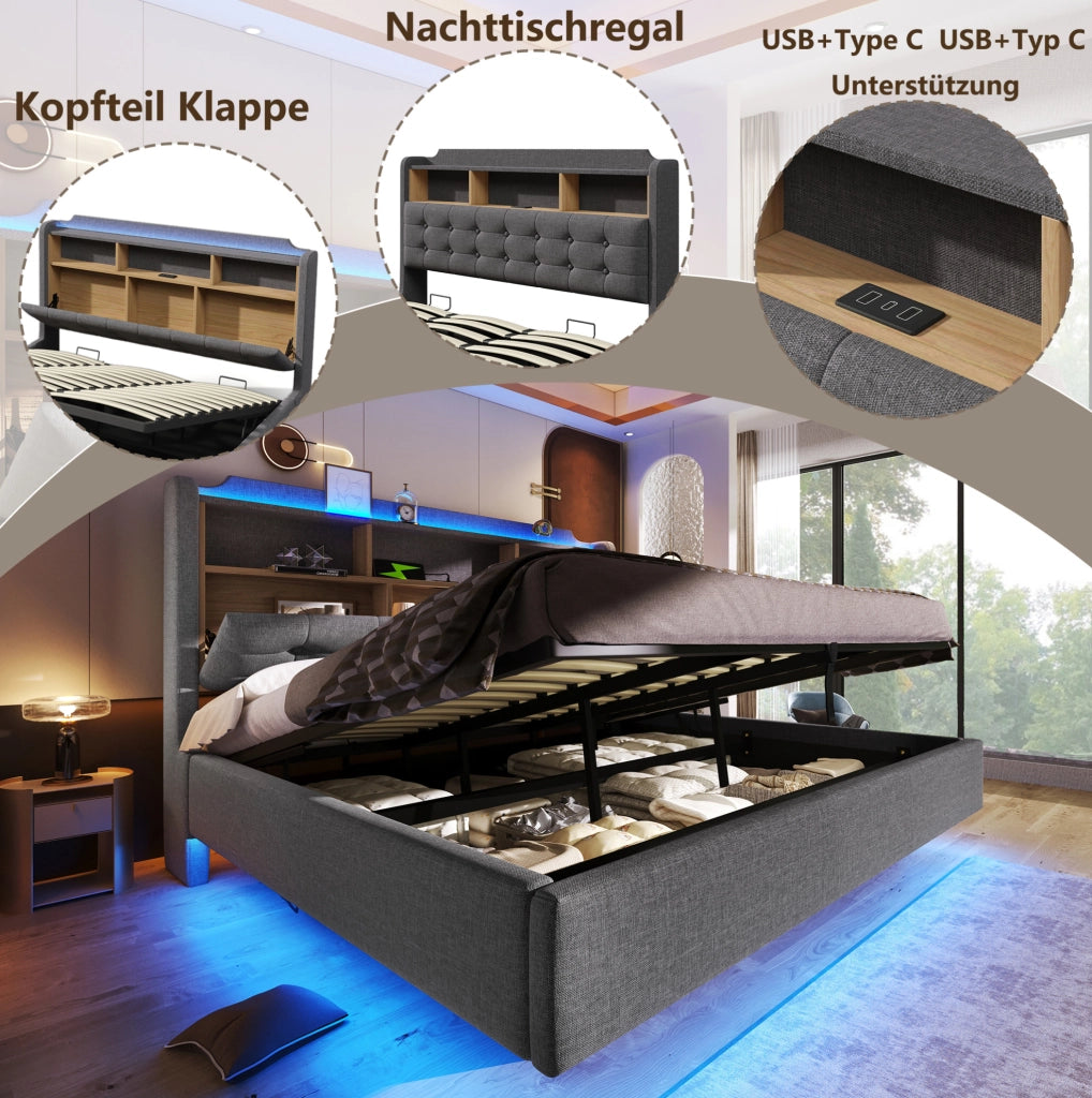 Letto imbottito 180x200 cm con LED, contenitore idraulico e porte USB