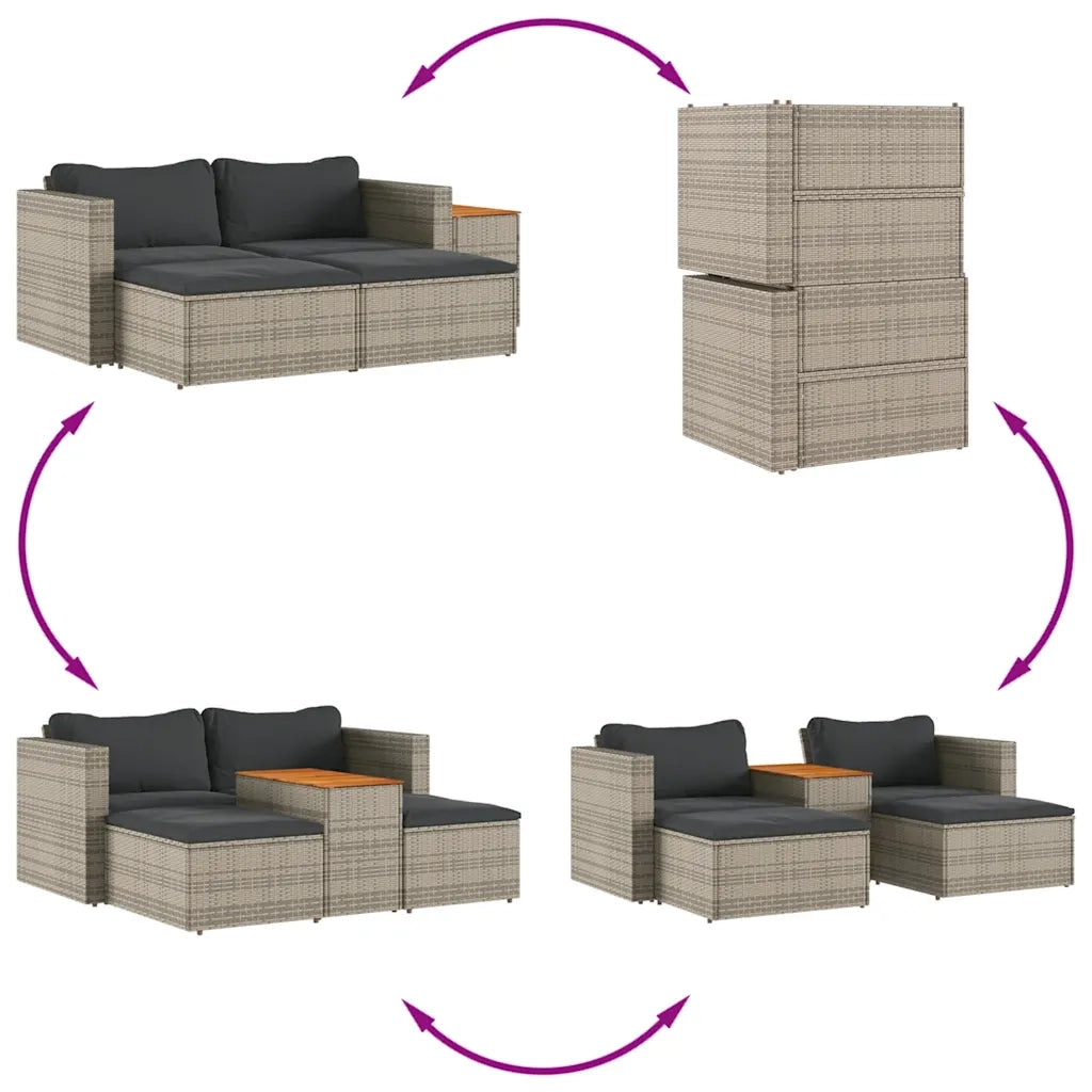 Set Divano Giardino 5 pz con Cuscini-Sofa da Giardino-Divanetto da esterno Grigio Polyrattan Acacia 154688