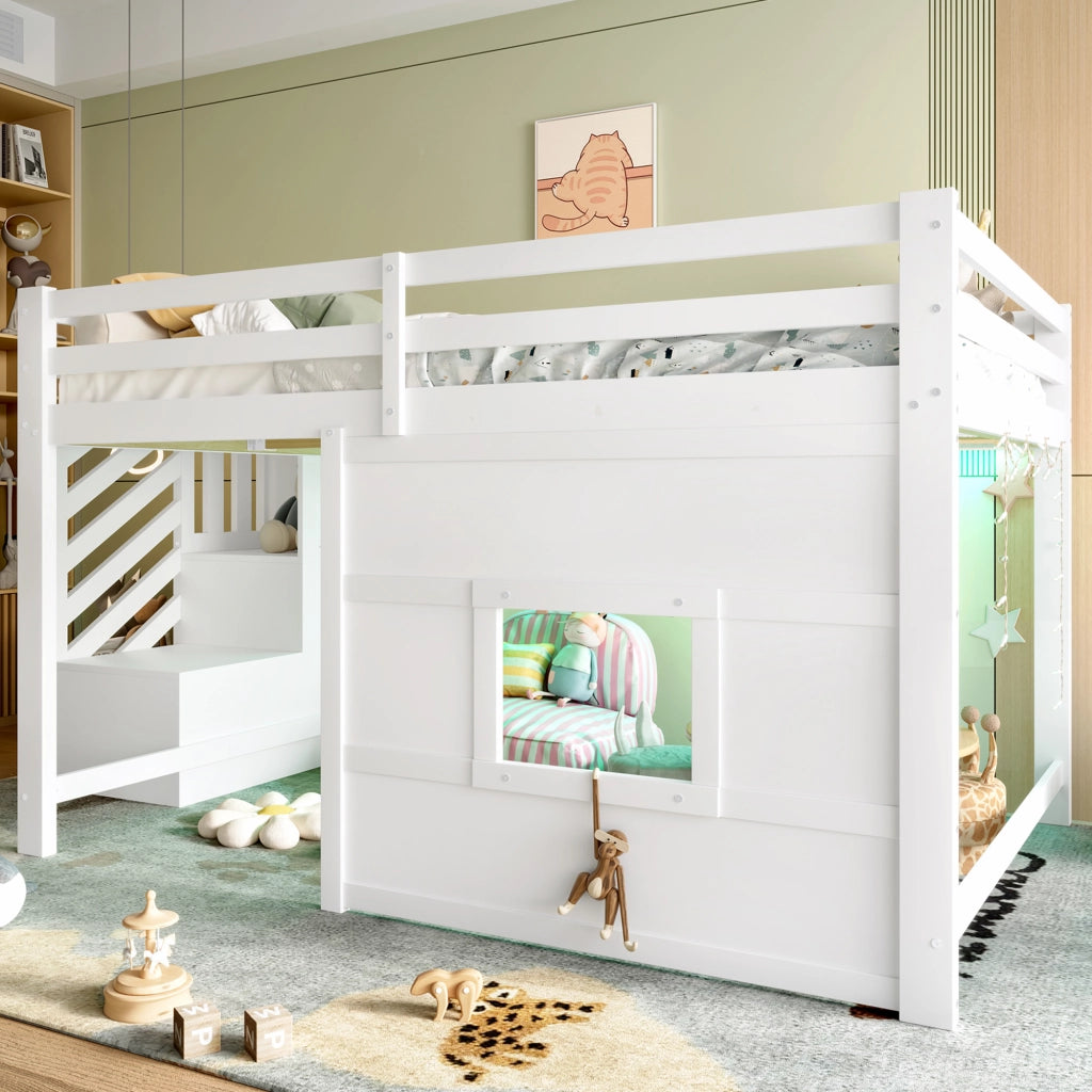 Letto a Soppalco 140x200 cm con Scala Contenitore; Finestra e LED - Bianco