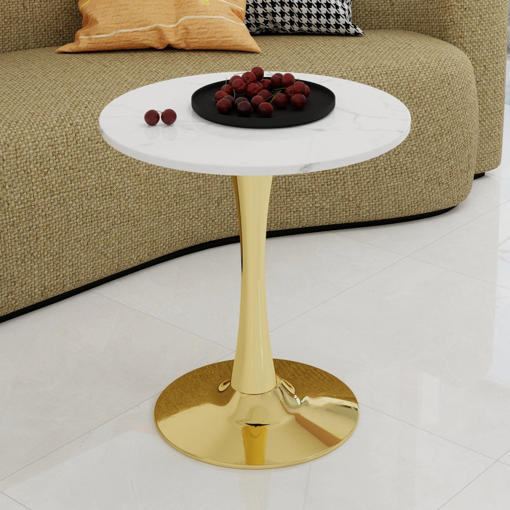 Tavolo da pranzo - rotondo 70 cm - stile mid-century - marmo venato bianco - per 2-4 persone - dorato
