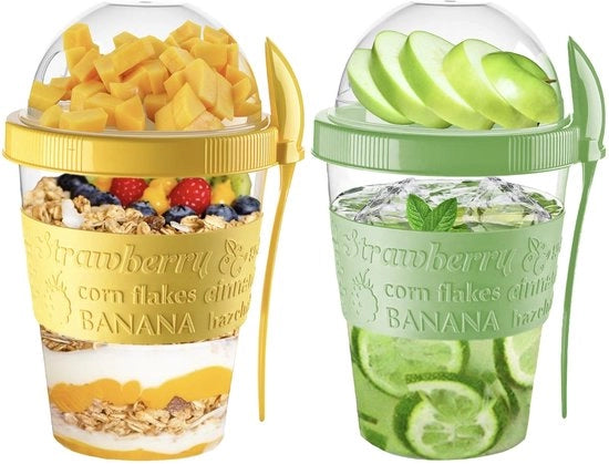 Set di due tazze di yogurt portatile, riciclabili, 20 oz muesli con coperchio e cucchiaio, bicchieri per colazione e pranzo, muesli (set di due, verde, giallo)
