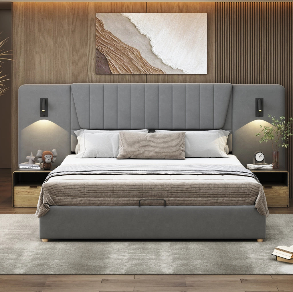 Letto imbottito 180x200 cm con testiera extra lunga; lampade da lettura e contenitore in velluto grigio