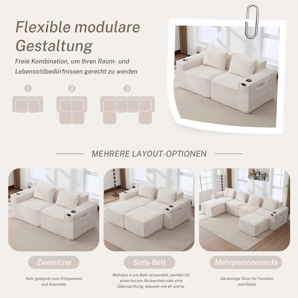 DIVANO modulare 2 posti 188x90x75 cm in corduroy beige