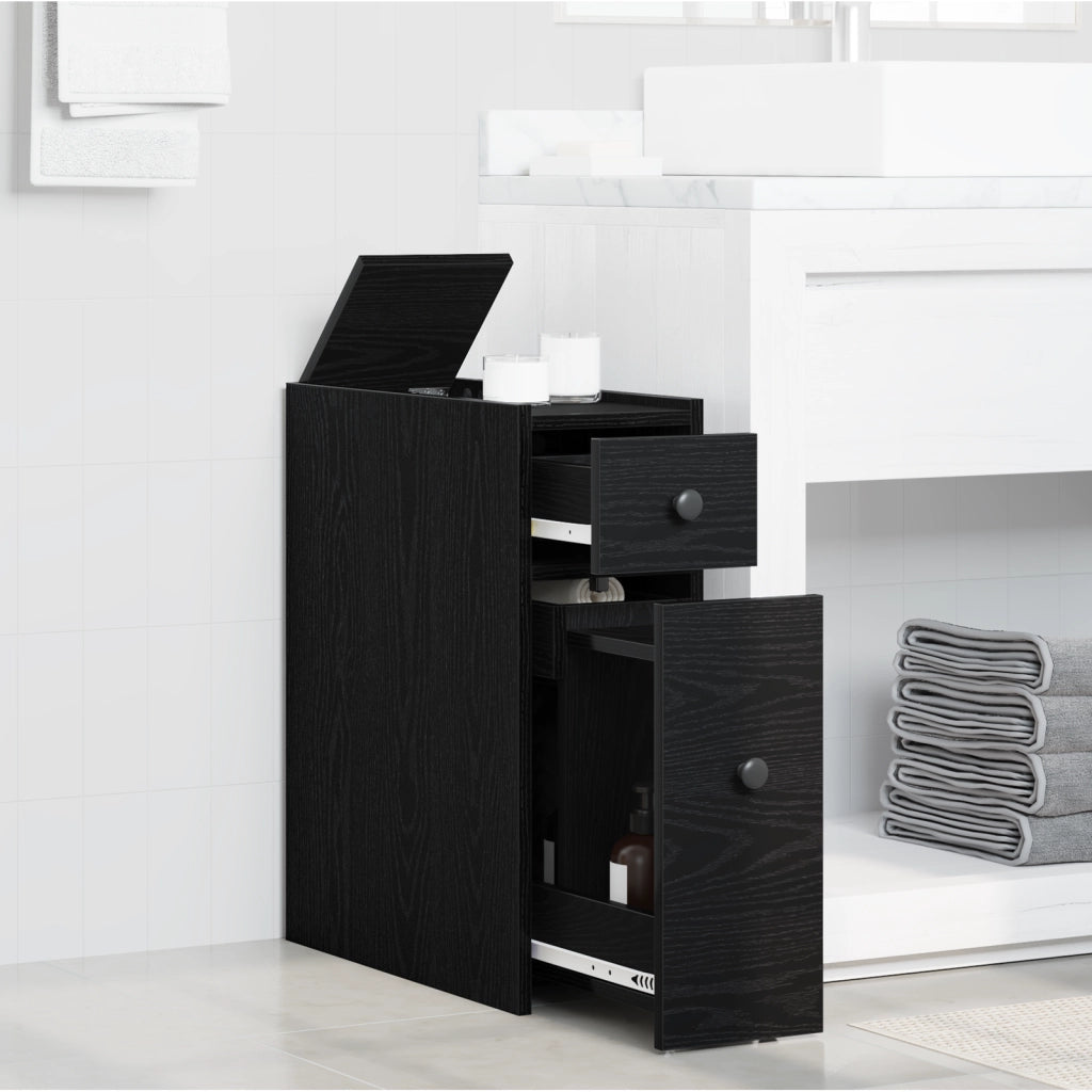 Armadio da bagno stretto con ruote in rovere nero legno ingegnerizzato