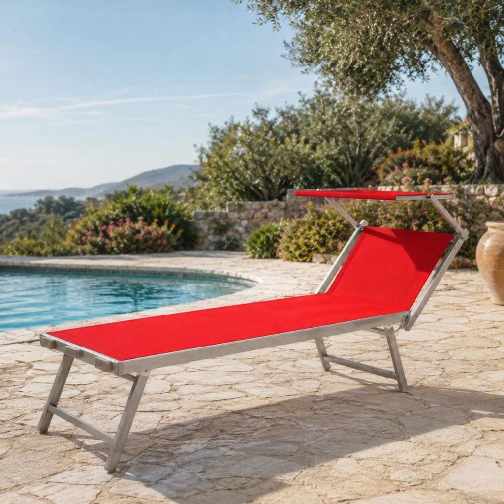 Lettino Sdraio Prendisole Professionale Richiudibile In Alluminio E Textilene con Tettino Parasole Orientabile Lettino Relax Mare Spiaggia Piscina Giardino Solarium 182 x 60 x 38 Cm Rosso