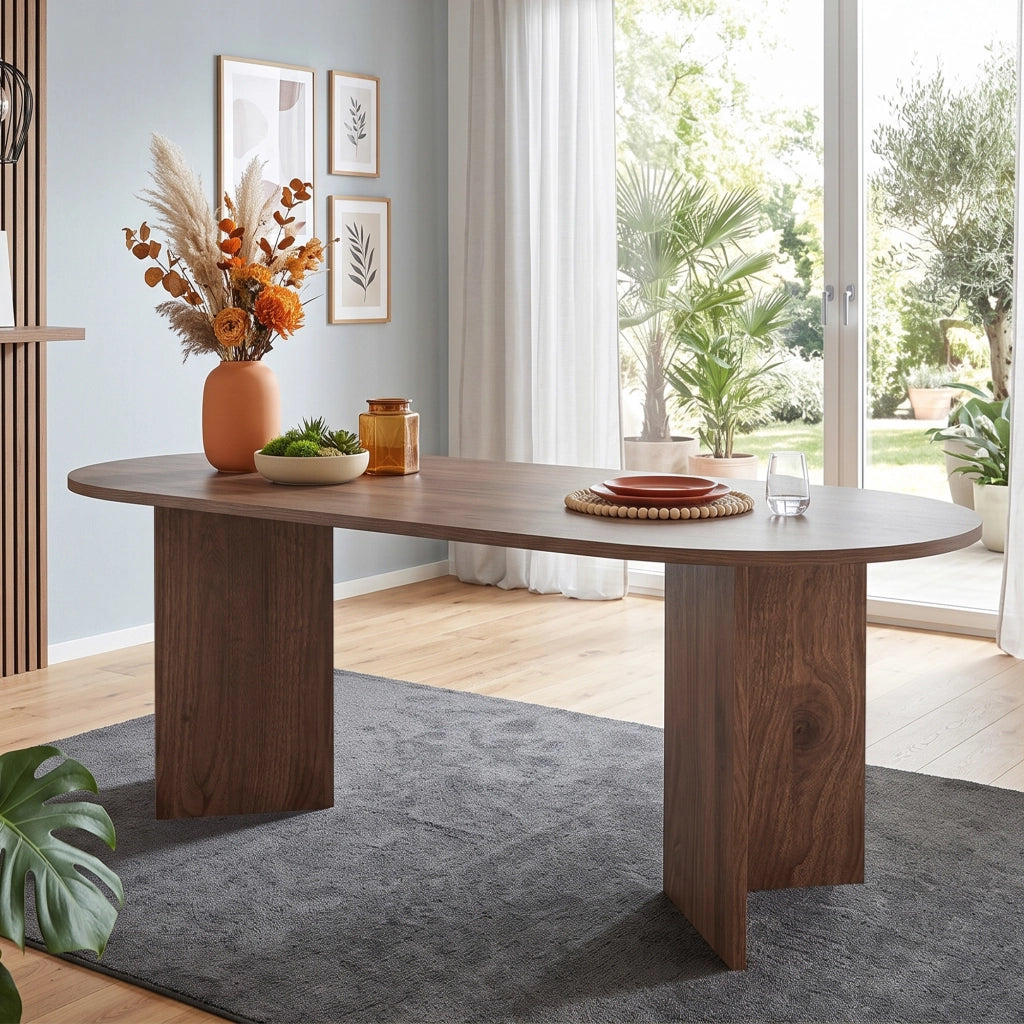 Tavolo da pranzo per 6-8 persone con piano spesso 18 mm e angoli arrotondati in MDF noce per sala da pranzo 160 × 80 cm
