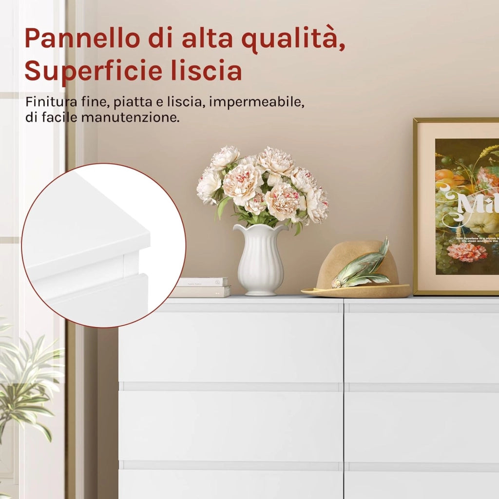 Comò Bianco per Camera da Letto, Cassettiera 4 Cassetti in Legno, Mobile Contenitore per Soggiorno o Ingresso, Dimensioni 60x40x90 cm, KMD004ws