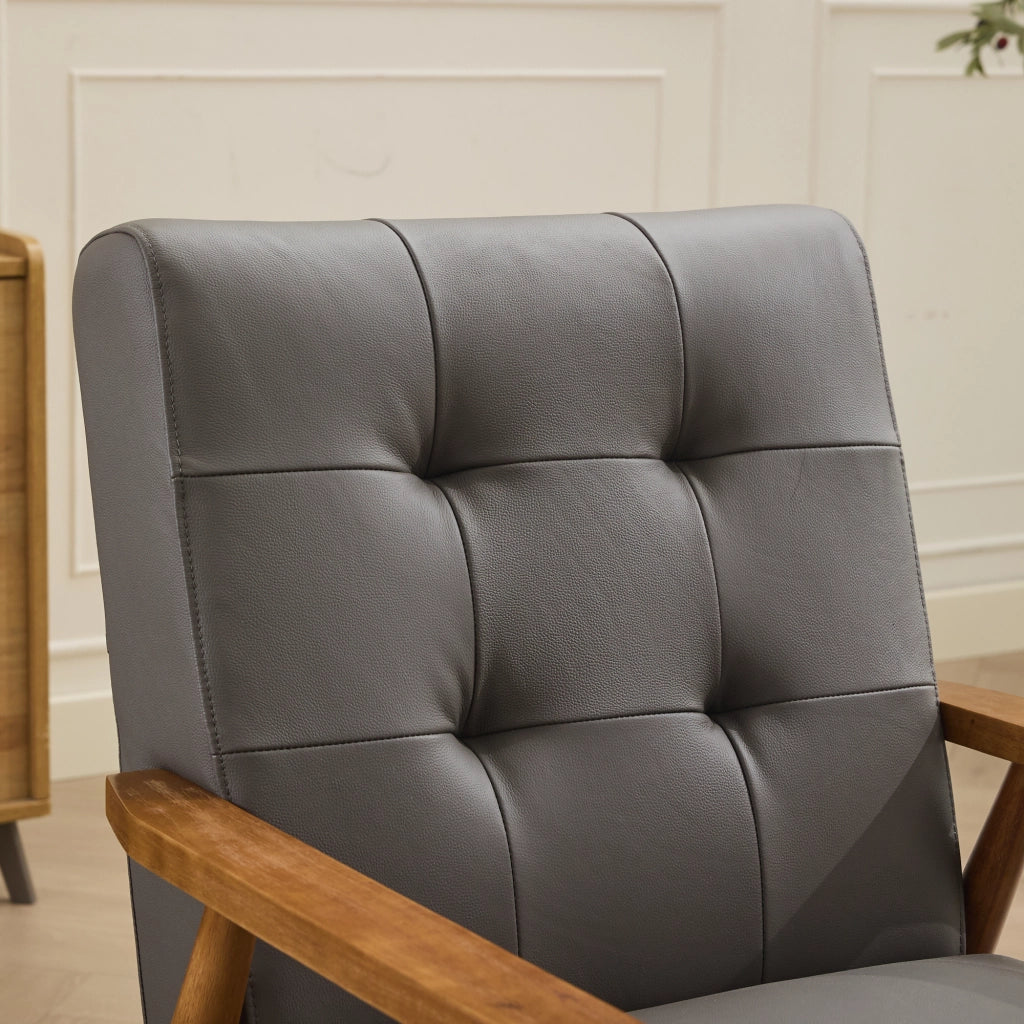 Fauteuil in pelle con struttura in legno e cuciture pull-point per soggiorno camera da letto home office grigio