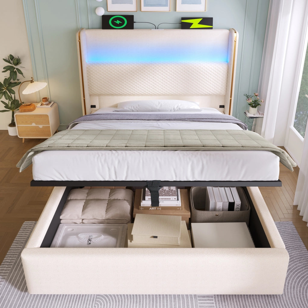 LETTO idraulico 90x200 cm in lino beige con LED, USB e Type-C