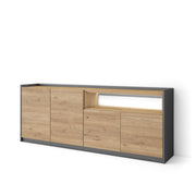 Credenza, Mobile, Cucina, 207x80x37 cm, 4 Porte, LED, Rovere e nero