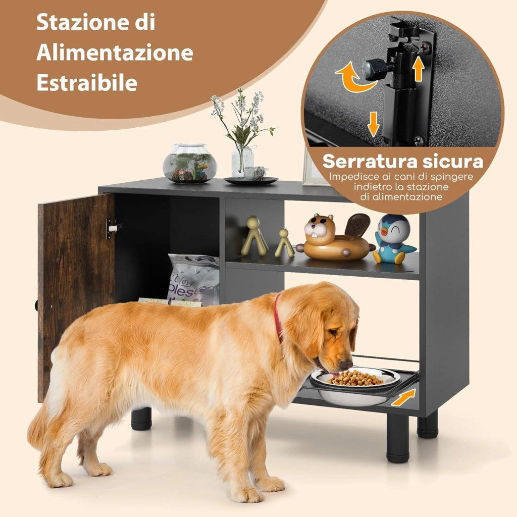 Ciotola per Cani Antigoccia 82 x 35 x 60cm, Armadietto per Animali con 2 Ciotole Rialzate in Acciaio Inox e Scaffale, Stazione di Alimentazione per Forniture di Cibo e Acqua, Marrone