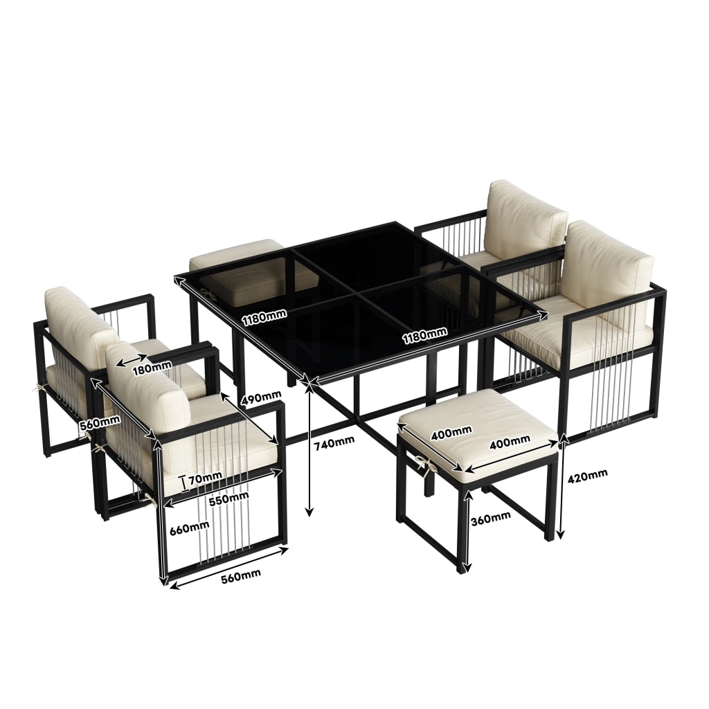 Set pranzo esterni 7 pezzi 6 persone: tavolo vetro temperato; nero/bianco