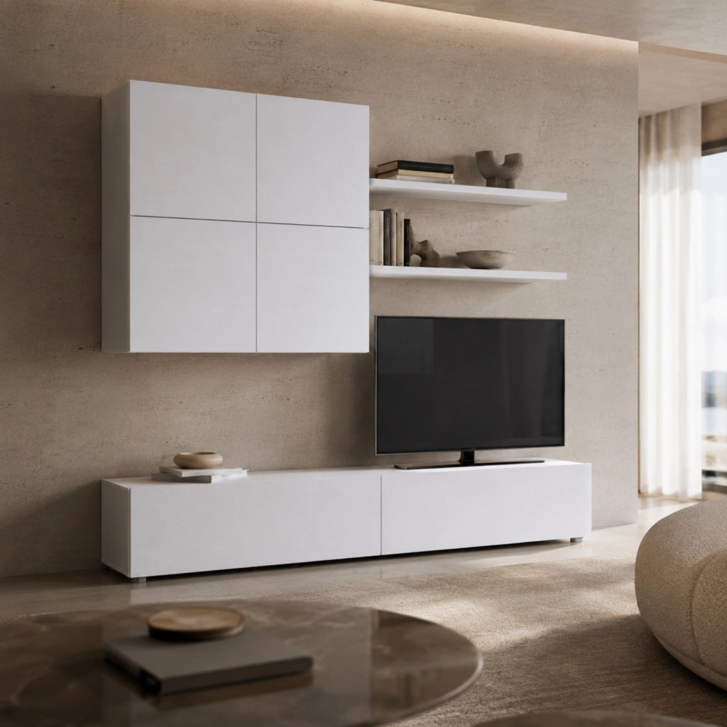 Mobile Soggiorno Parete Attrezzata Con Base TV 2 Ante Pensile 4 Ante E 2 Mensole Design Contemporaneo In Melaminico Facile Da Pulire 200 X 194 X 40 Cm Bianco Effetto Legno