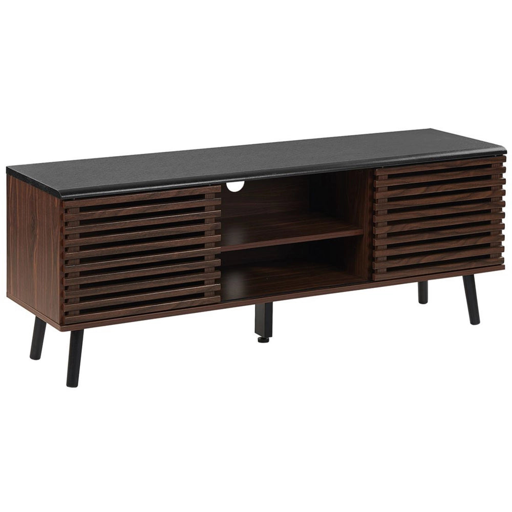 Mobile TV con finitura in legno scuro fino a 63ʺ Mobile TV con ante scorrevoli a doghe