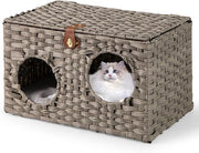 Cuccia per Gatti in Rattan 60 x 35 x 35 cm, Casetta per Gatti con Cuscino Morbido Rimovibile e Coperchio Bloccabile, Comodino per Animali Domestici per Soggiorno e Camera da Letto