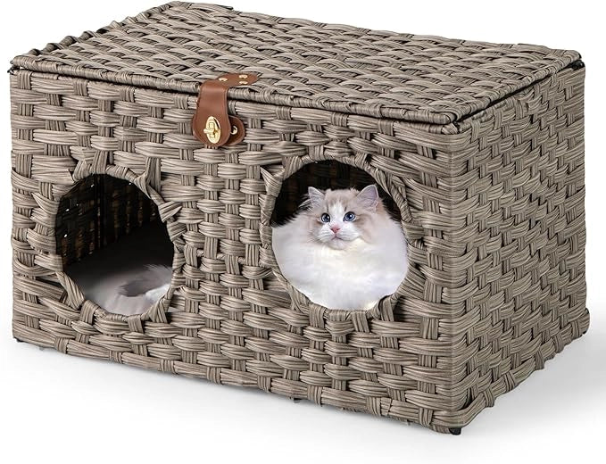 Cuccia per Gatti in Rattan 60 x 35 x 35 cm, Casetta per Gatti con Cuscino Morbido Rimovibile e Coperchio Bloccabile, Comodino per Animali Domestici per Soggiorno e Camera da Letto