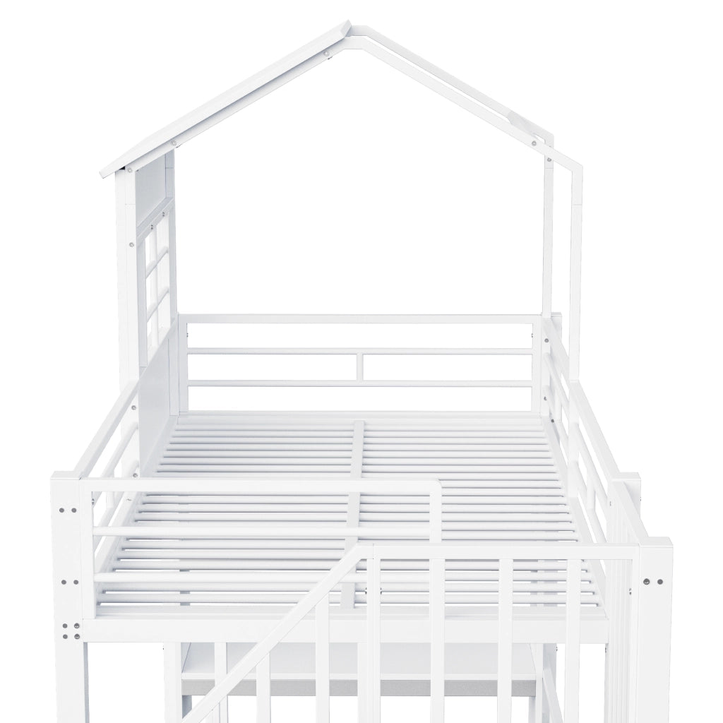 Letto in ferro a soppalco 90×200 cm bianco; design della casa; corrimano di sicurezza; mensole; scala sinistra/destra