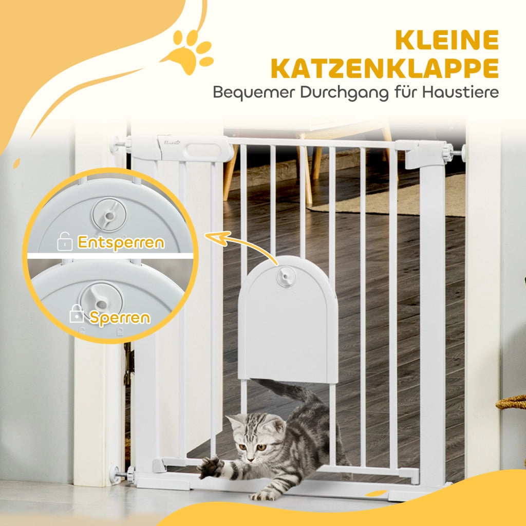 Cancelletto di Sicurezza per Animali Domestici ¨C Xylo ¨C Regolabile con Porticina, Metallo e Plastica, Bianco