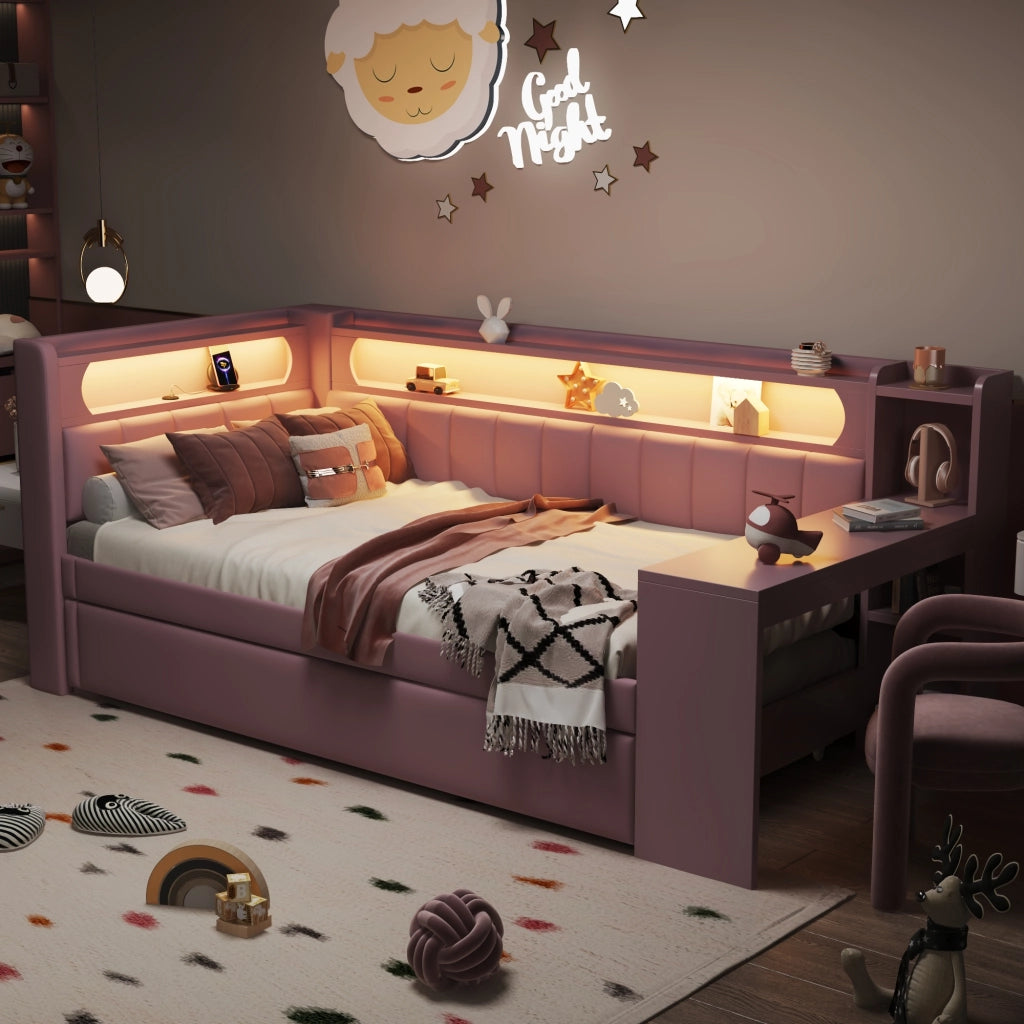 LETTO da giorno 90x200 cm Rosa con USB, LED, letto estraibile e scrivania
