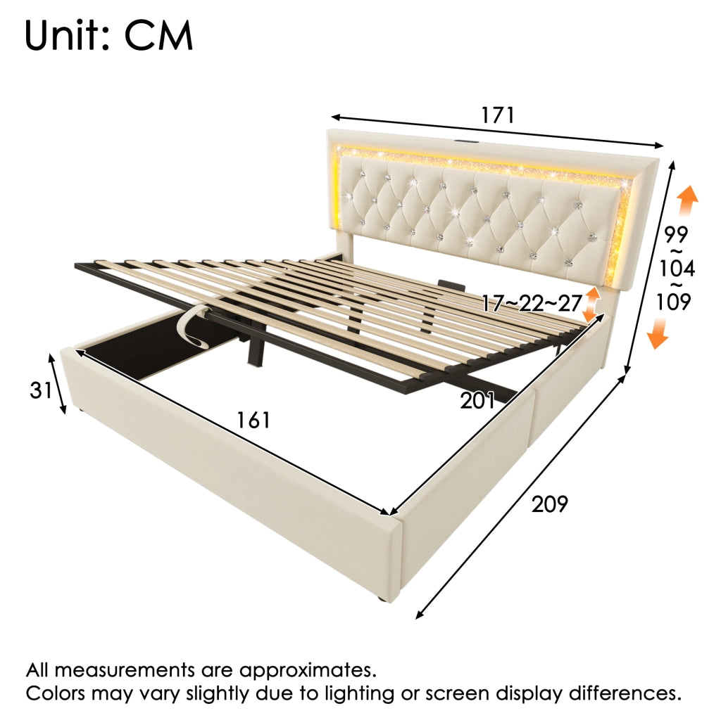 Letto imbottito 160x200 cm in velluto con LED, USB e contenitore