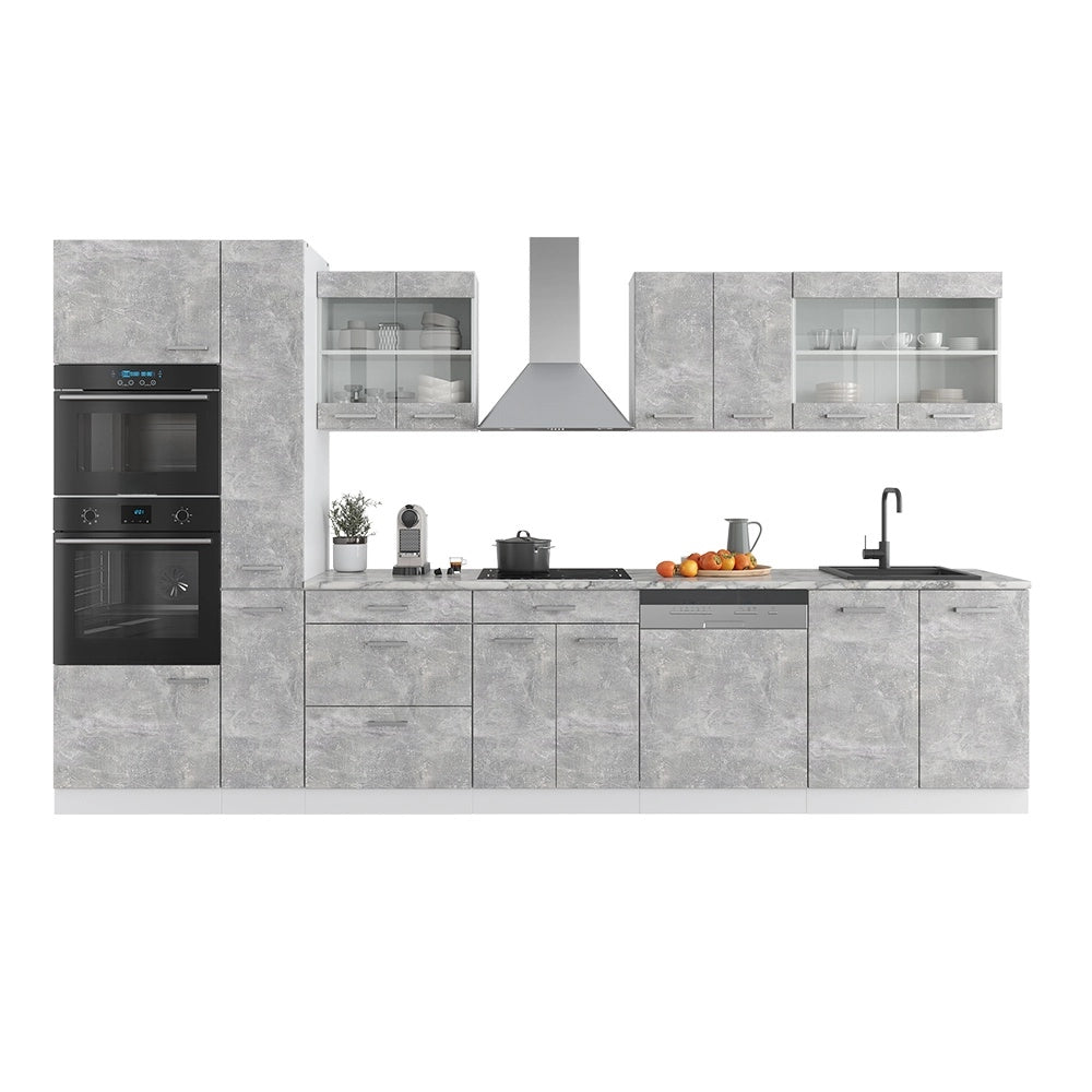 Cucina componibile R-Line Calcestruzzo/Bianco 350 cm con armadio alto, senza piano di lavoro Vicco