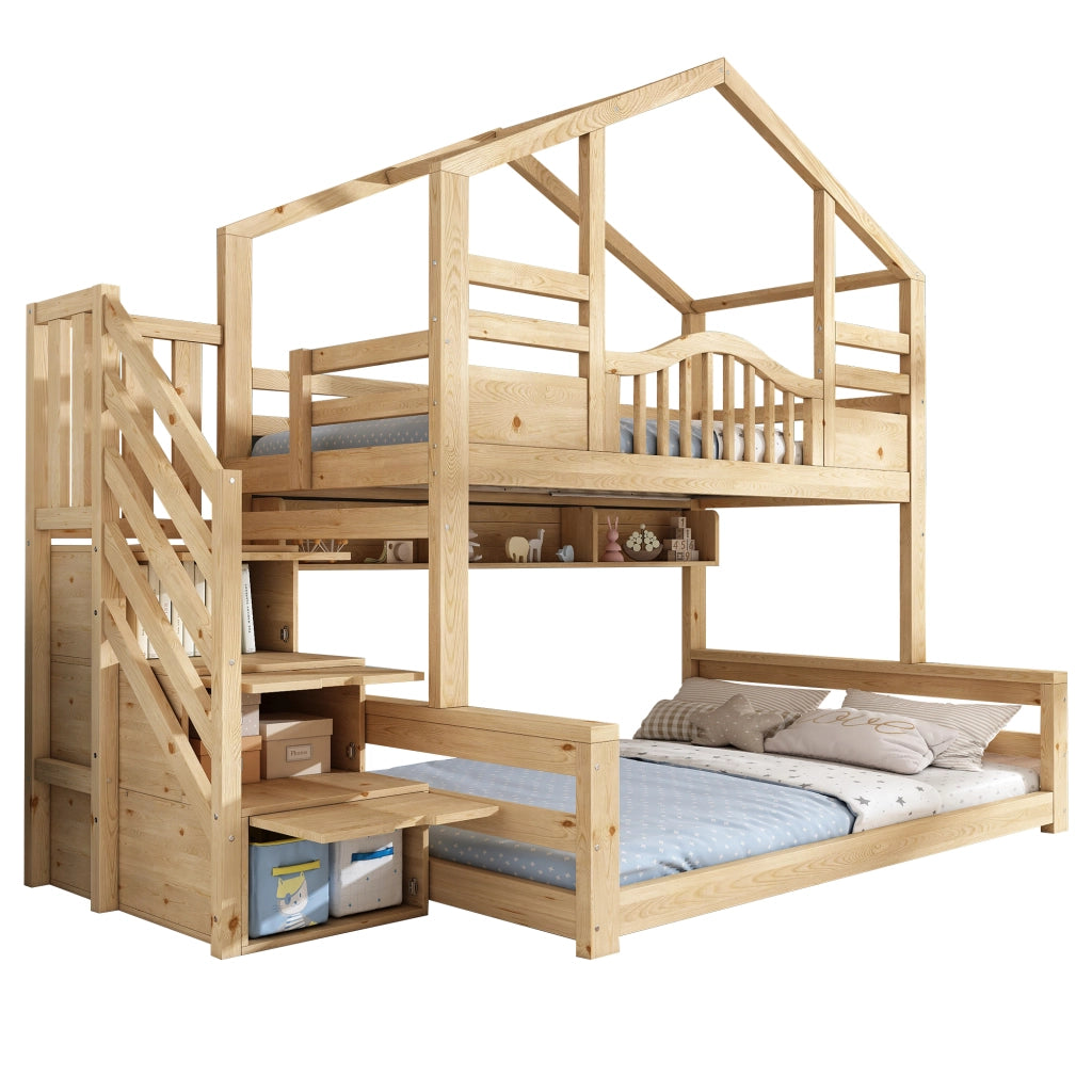 Letto a Castello 90x200 cm e 140x200 cm - Casetta; Scale Contenitore e Mensole - Beige