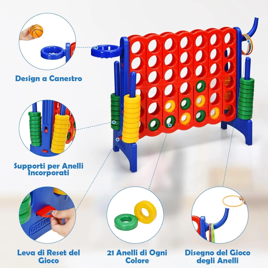 Forza 4 gigante, Set forza 4 per bambini e adulti, Con canestro e gioco di lancio, Perfetto per feste di compleanno e vacanze (Blu)