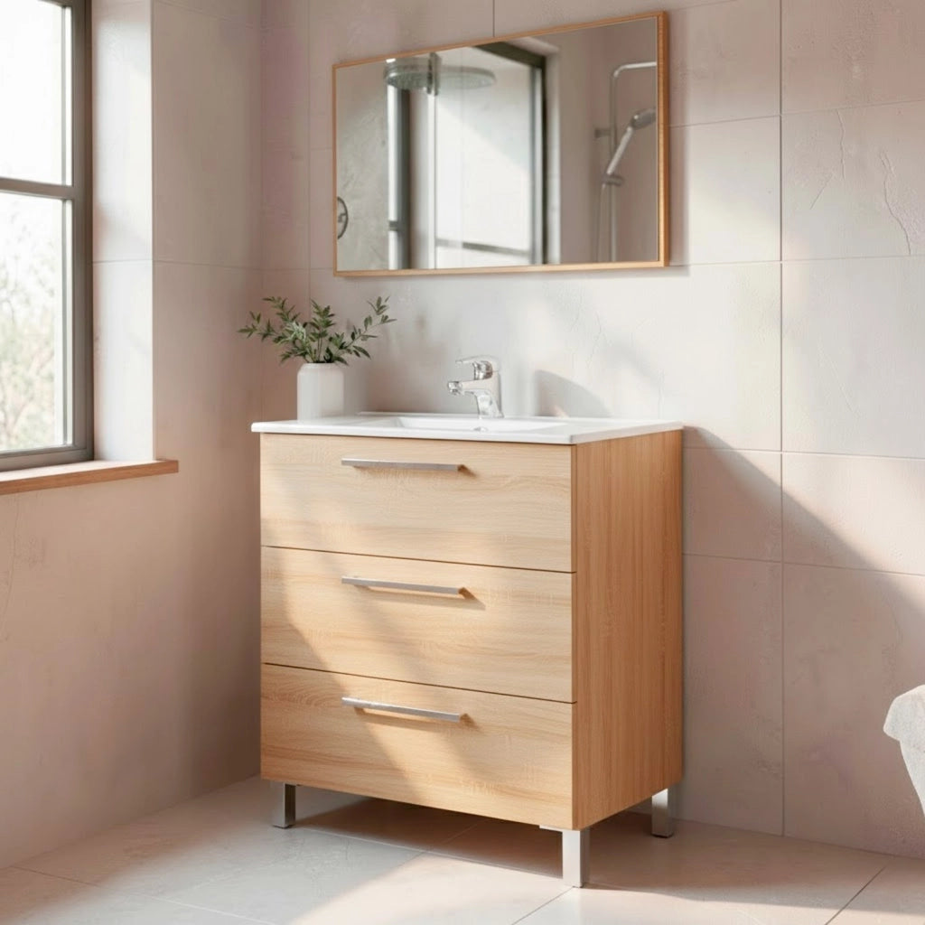 Mobile Bagno A Terra Con 3 Cassetti E Lavabo In Ceramica Con Specchio Incluso Design Moderno Salvaspazio Elegante E Funzionale 77 X 50 Cm 80 X 45 X 86 Cm Rovere Chiaro