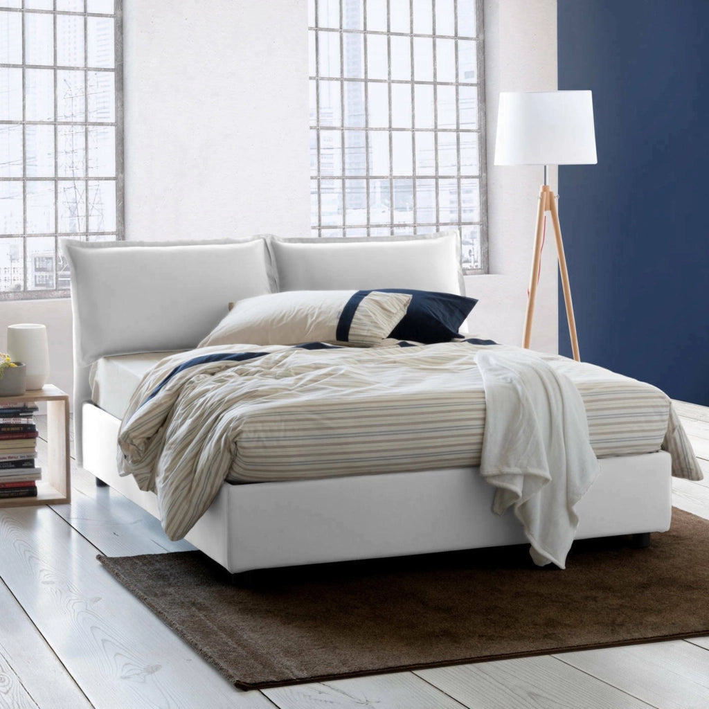 Letto matrimoniale Agalo, Letto contenitore con rivestimento in tessuto, Made in Italy, Apertura frontale, adatto per materasso cm 140x200, Bianco