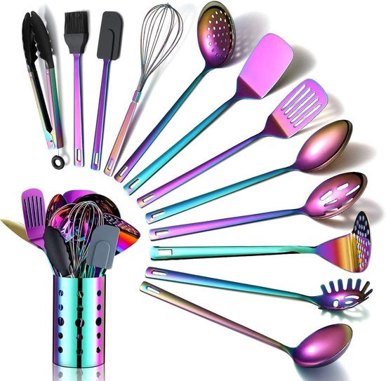 Set di Cucina Multicolore, 13 Pezzi di Cucina in Acciaio Inossidabile, con Rivestimento in Titanio Multicolore, Set di Cucina con Cassetto di Ripostiglio per Cucina (13 Pezzi)