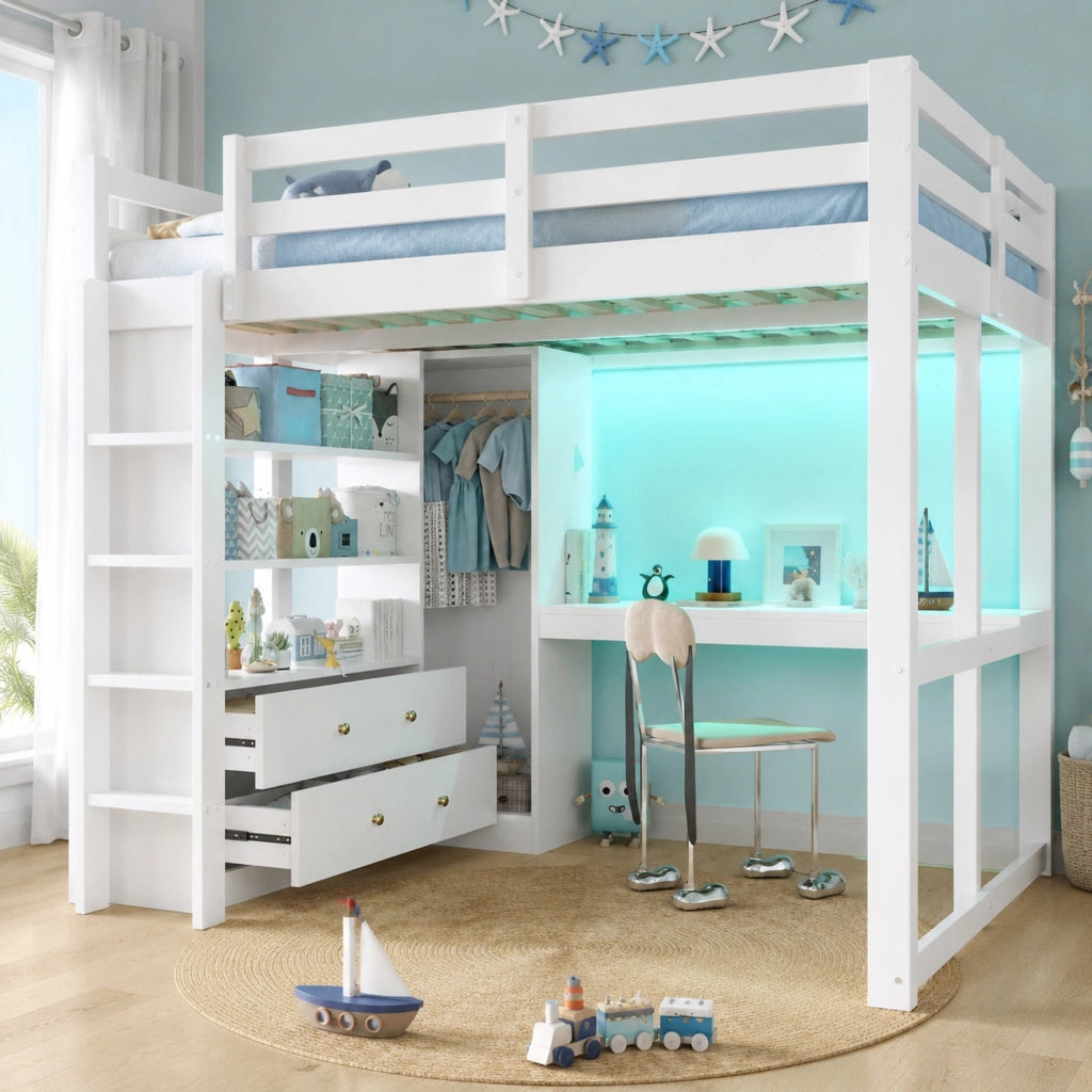 Letto a soppalco 140 × 200 cm con scrivania, 2 cassetti, ripiani, LED e USB in legno e MDF, bianco