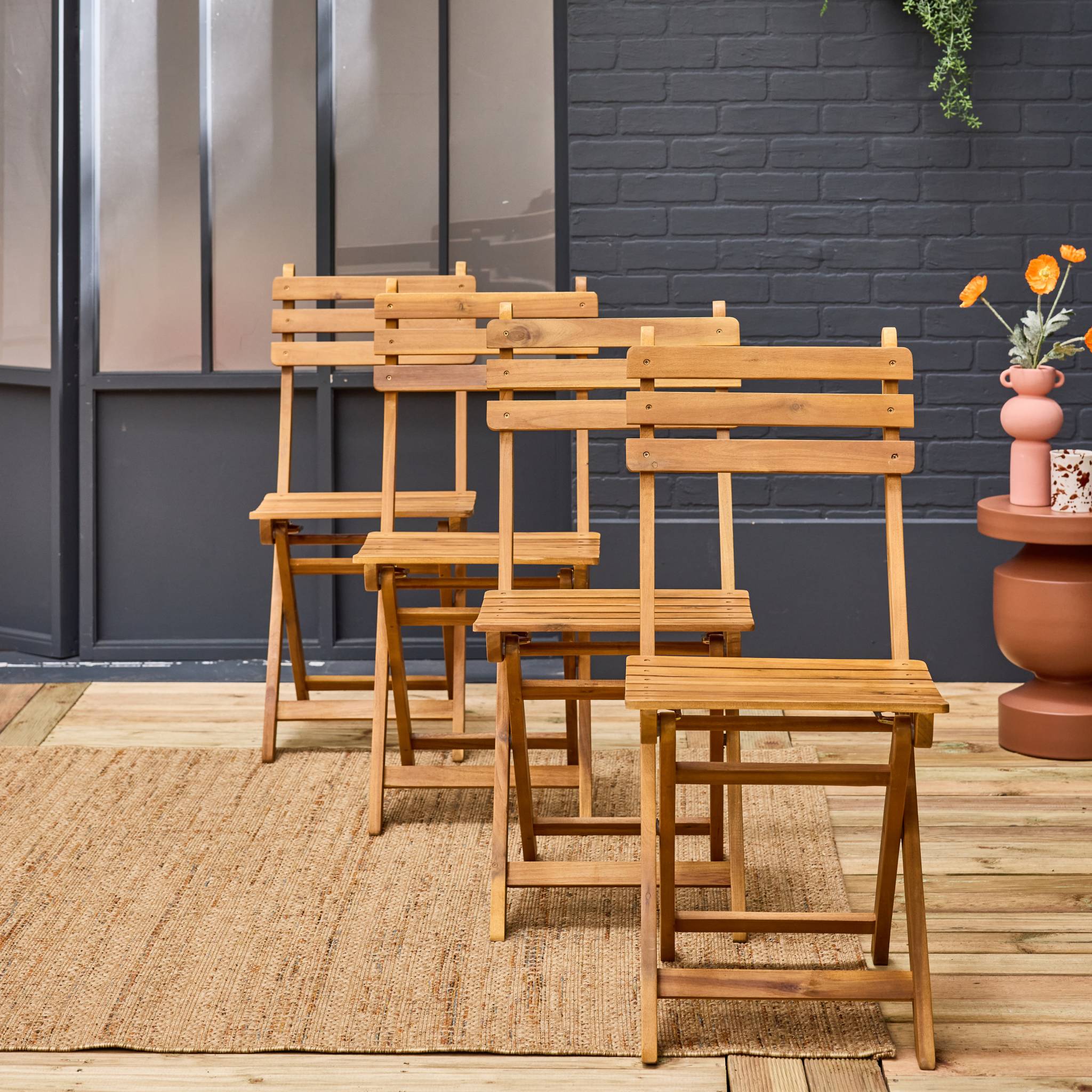Set di 4 sedie da giardino pieghevole in acacia, marrone naturale