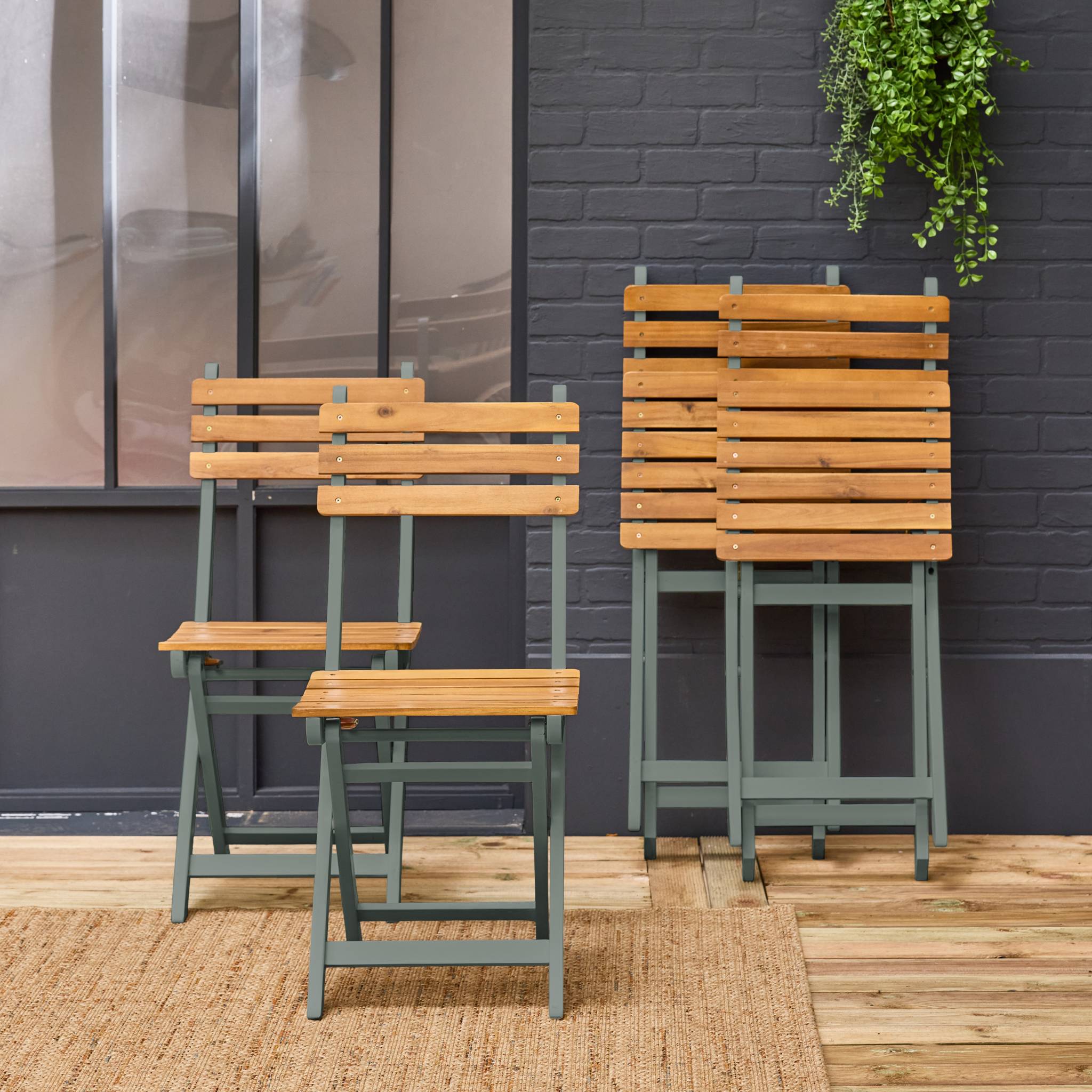 Set di 4 sedie da giardino pieghevole in acacia, verde kaki