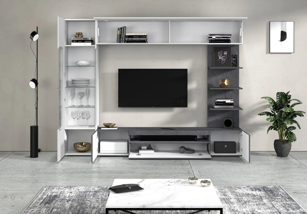 Galatina, Parete Attrezzata 8 Ripiani, 245x40x191.2h cm Grigio Ardesia