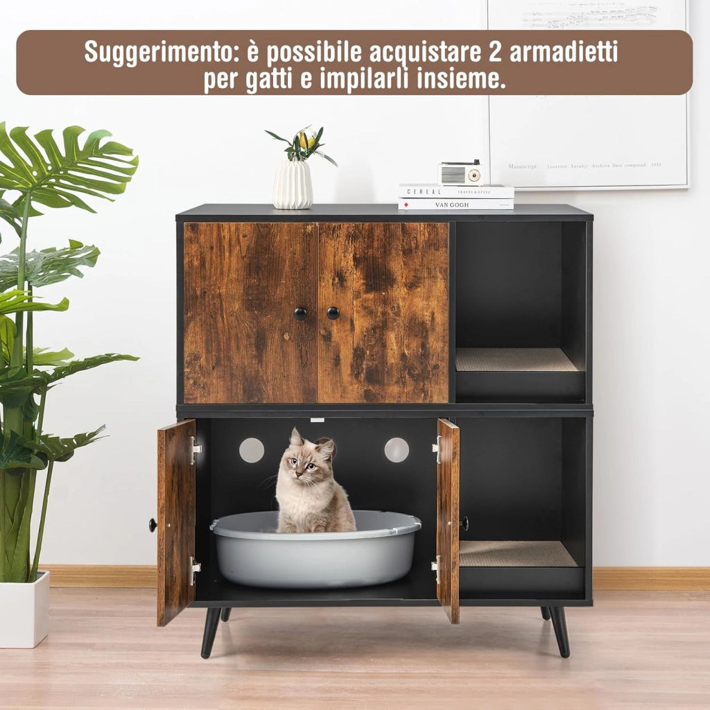 Mobile per Lettiera per Gatti, Casetta per Gatti Moderno con Scomparto a Doppia, Anta, Vano Aperto e Tiragraffi, Mobiletto Multiuso e Moderno da Interno, 90 x 50 x 54 cm