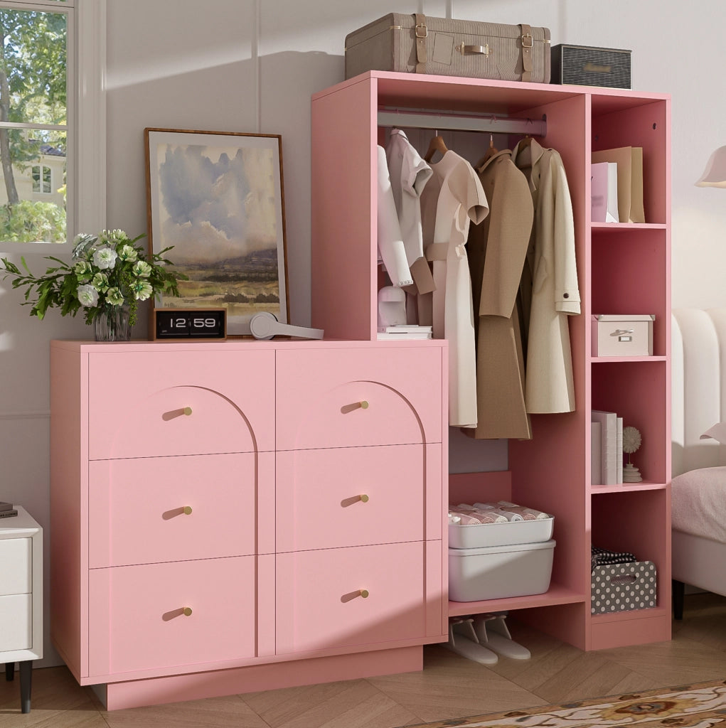 Armadio multifunzione rosa con appendiabiti, 6 cassetti e ripiani laterali