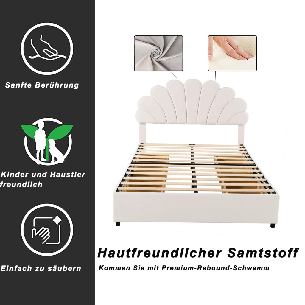 Letto matrimoniale imbottito 140x200 cm con 4 cassetti beige