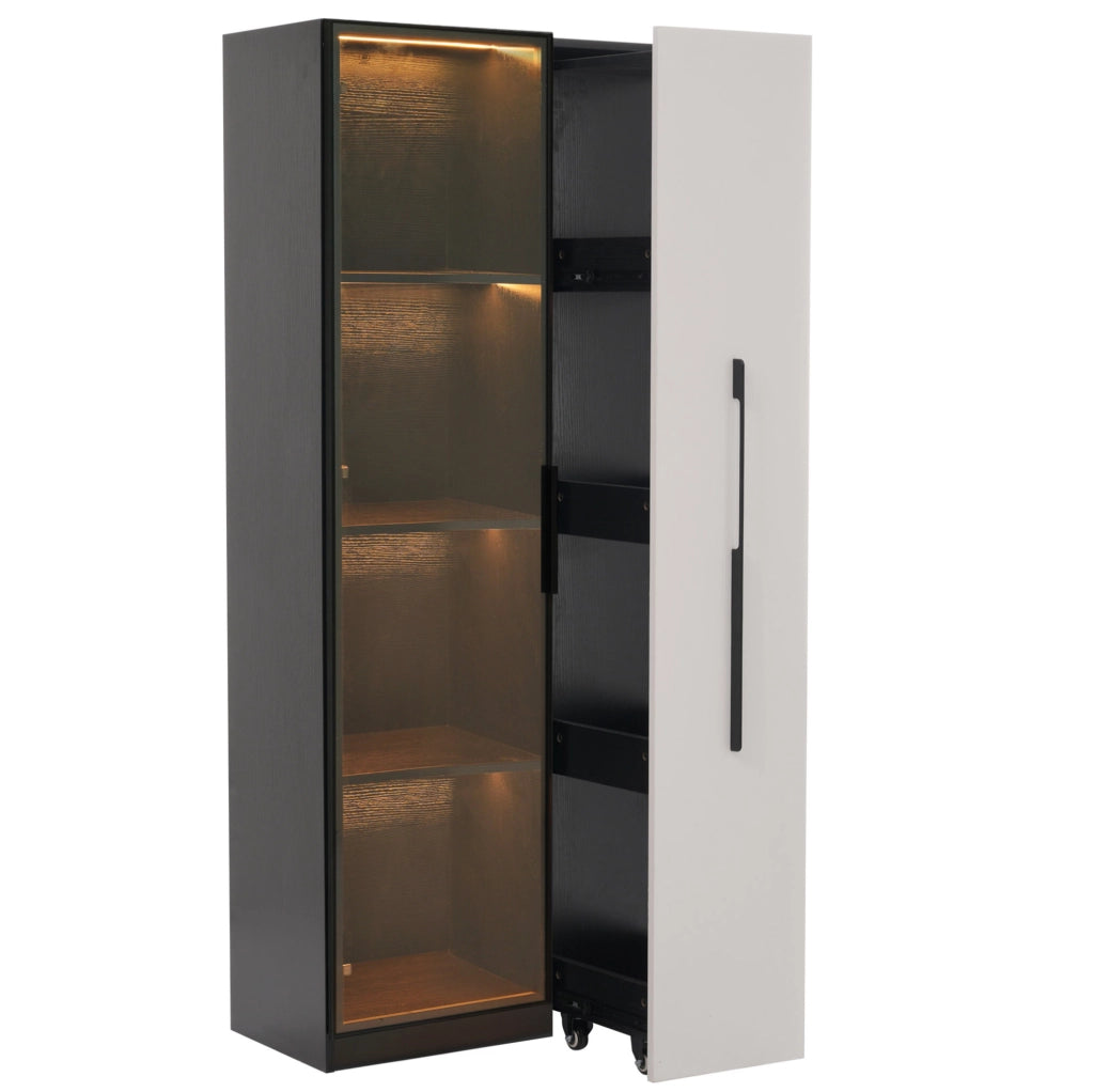 Vetrina moderna con LED e vano laterale 70x40x160 cm in MDF; nero e bianco