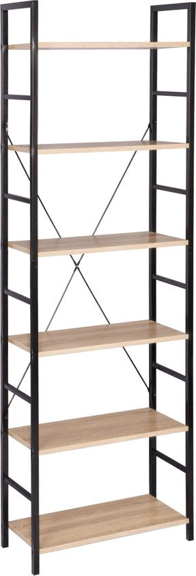 Libreria a 6 Livelli con 6 Comparti - Mobile per Libri - Comparto per Abbigliamento - Scaffale con Ladder - Illuminato in Noce / Nero 60x28x180 cm