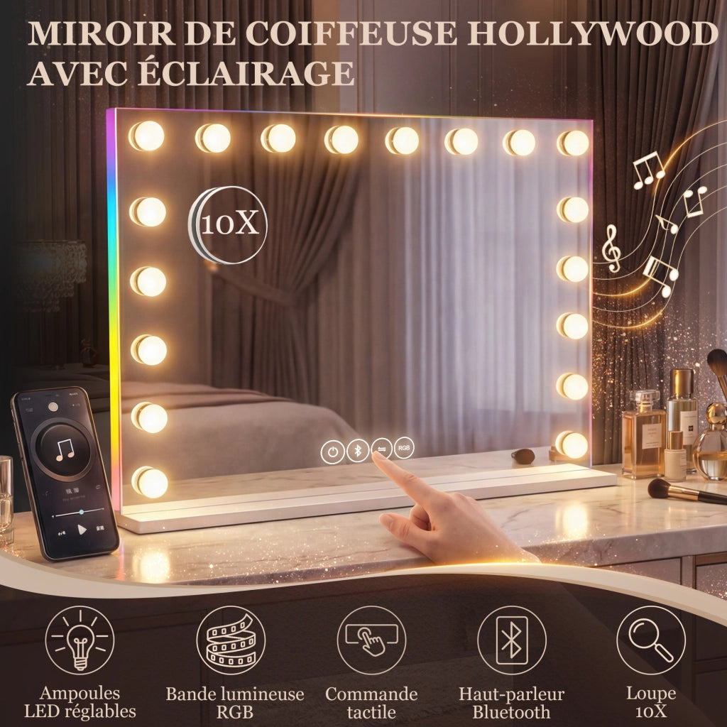 Specchio da Trucco Hollywood con 18 LED, Luce RGB, Bluetooth ¨C zephmum ¨C Bianco