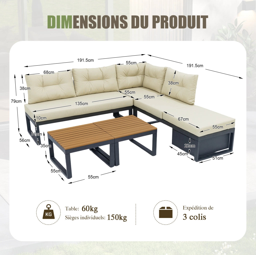 Set divani da giardino modulare beige con schienale reclinabile