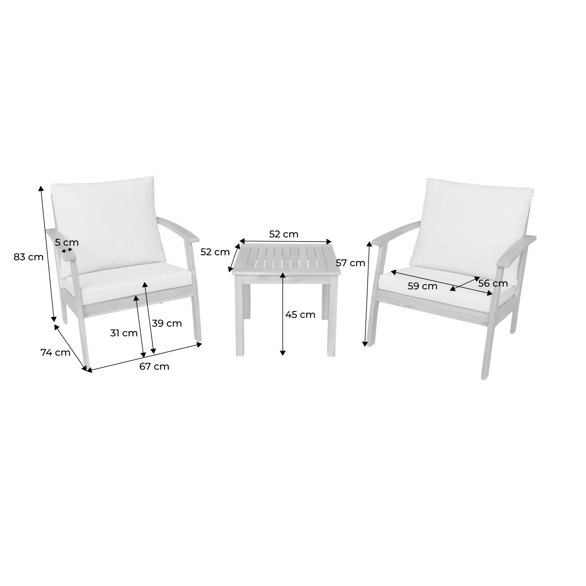 Set di 2 poltrone con tavolo in legno di acacia, ecrù