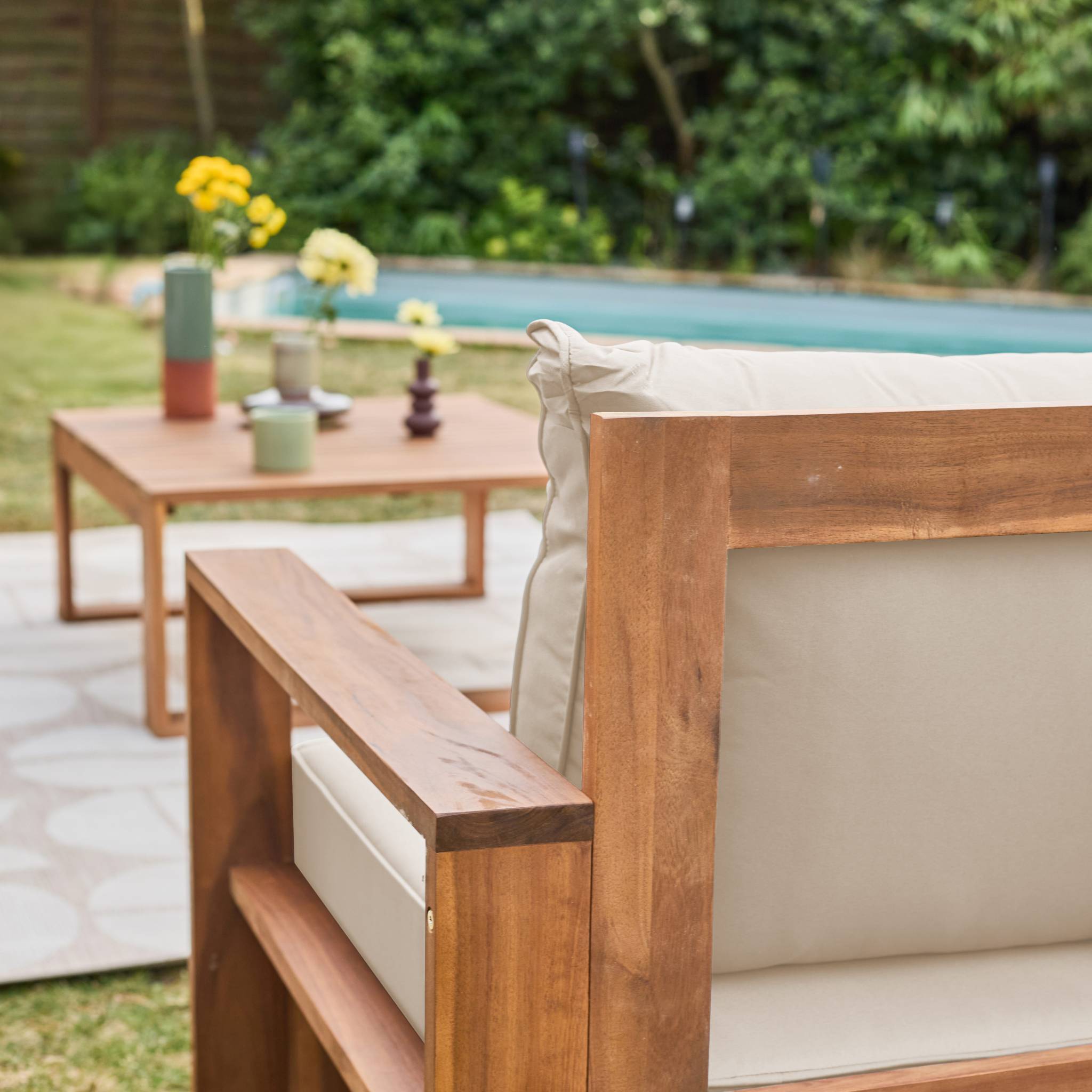 Salotto da giardino in legno, 5 posti, marrone naturale