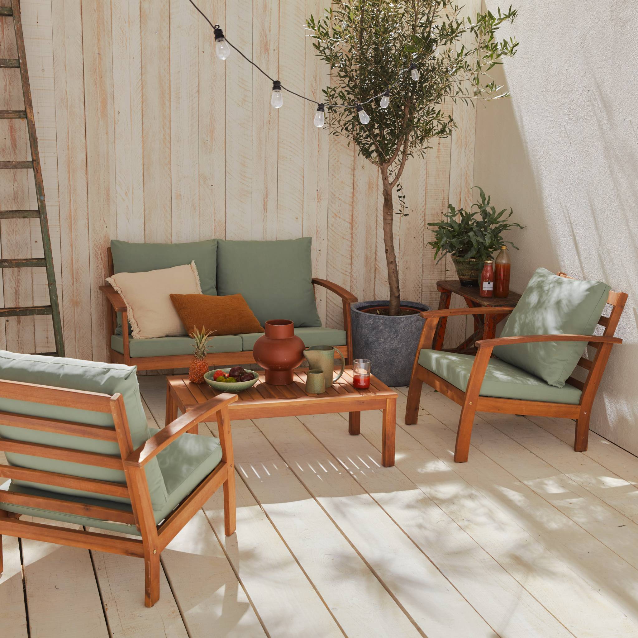 Salotto da giardino in legno a 4 posti, marrone naturale