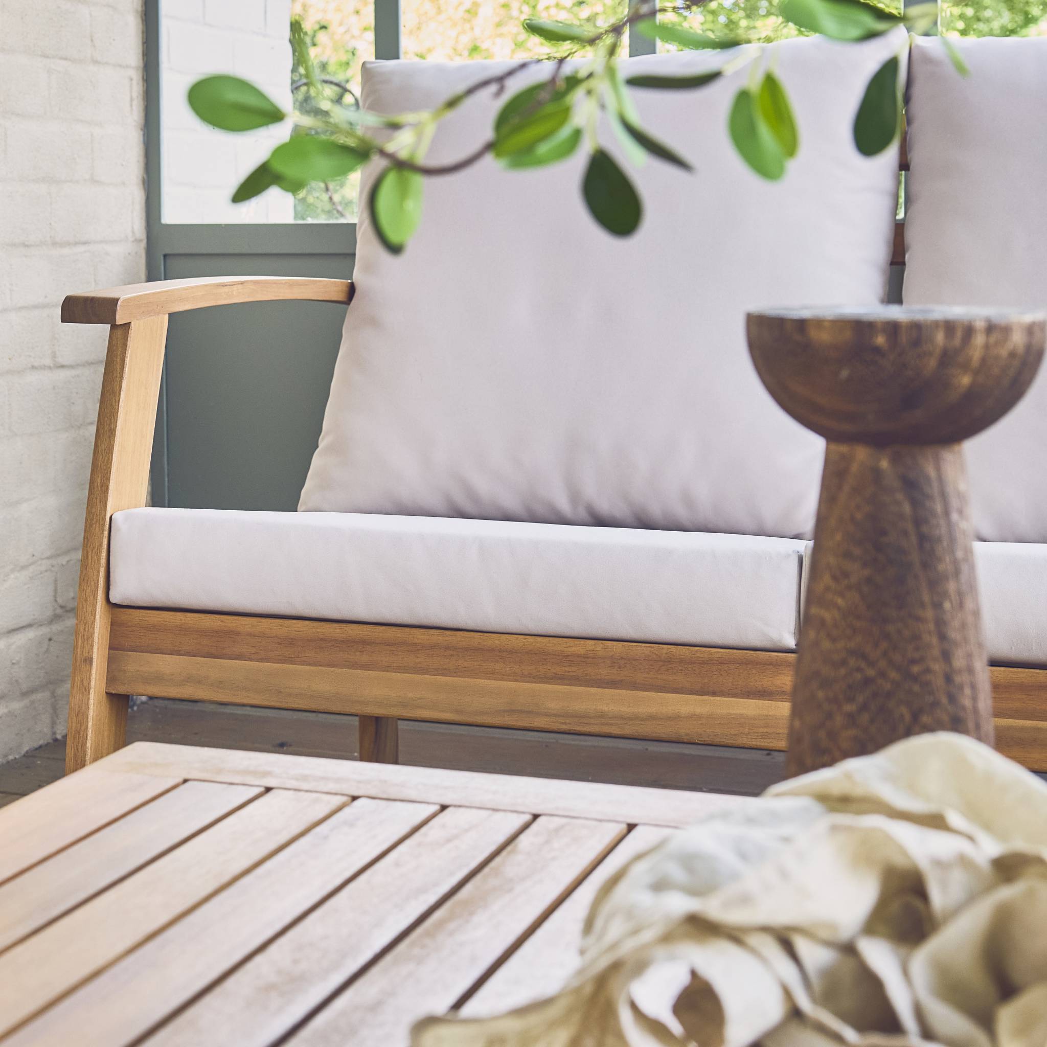 Salotto da giardino in legno di acacia, 5 posti, ecrù