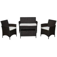 Salottino da giardino esterno Set 4 Pzi:1 Divano/2 Poltrone/1 Tavolino, Set da Giardino in Rattan,  Caffè Scuro e Bianco